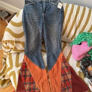 Free People Blue and Orange Patchwork Flare Jeans